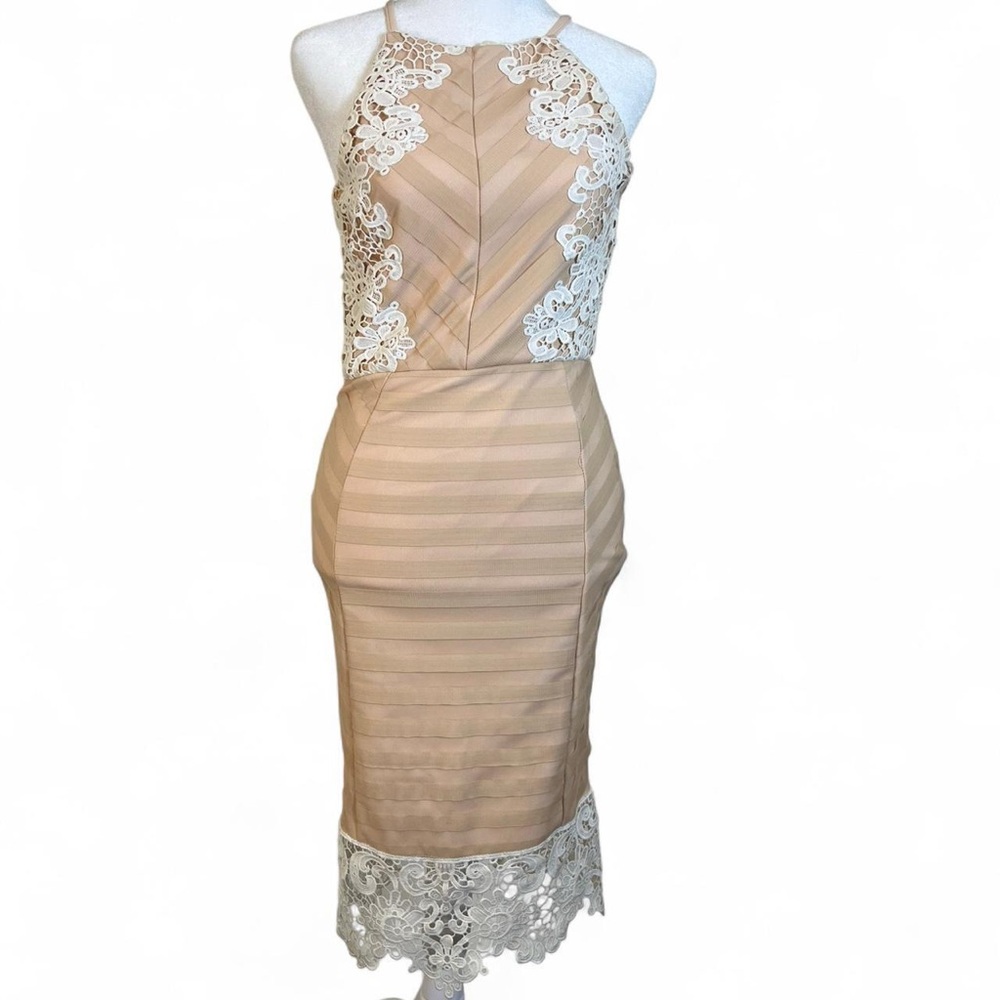 Lipsy London Lace Bodycon Midi Dress Women's Size 2 Beige Nude Sheath Cocktail